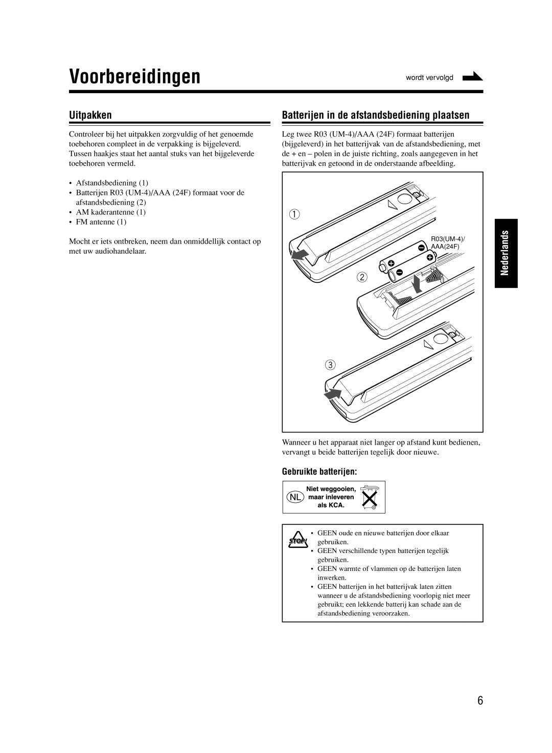 JVC UX-M33 manual Voorbereidingen, Uitpakken, Batterijen in de afstandsbediening plaatsen, Gebruikte batterijen 