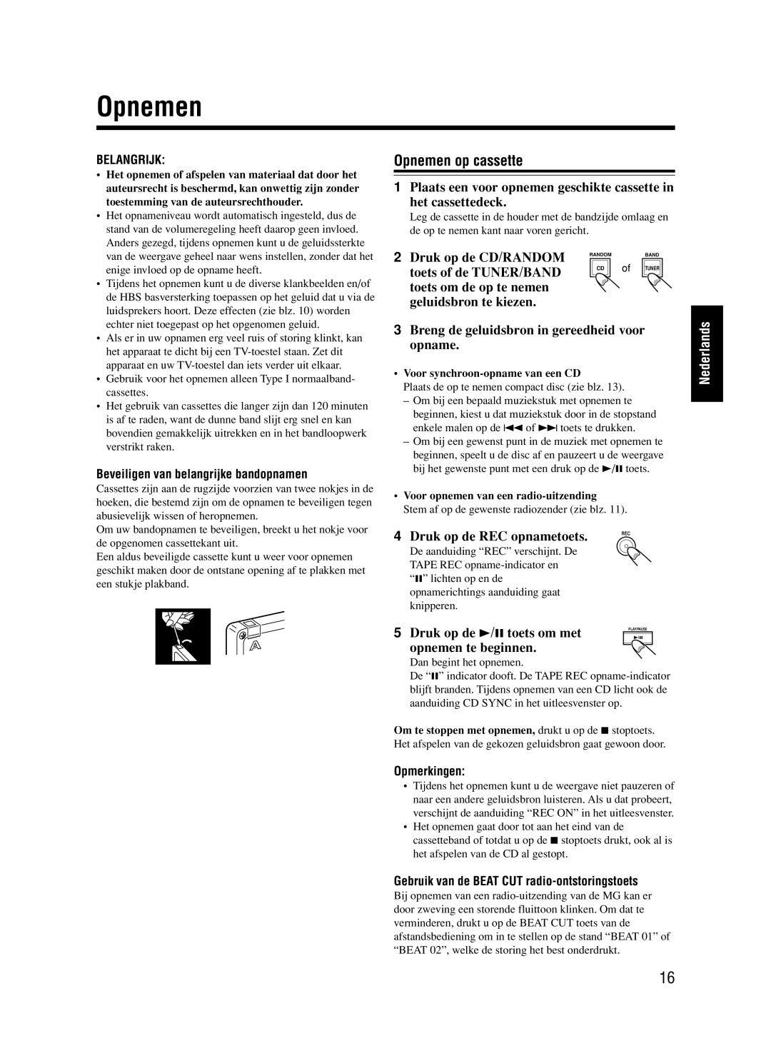 JVC UX-M33 manual Opnemen op cassette 