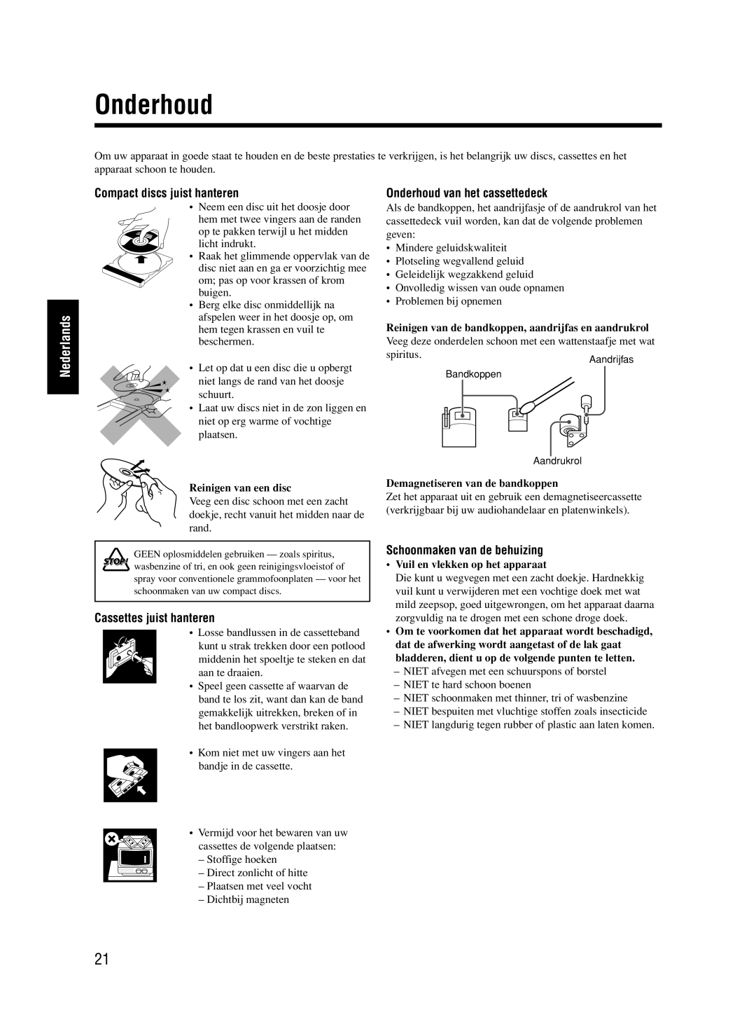 JVC UX-M33 manual Compact discs juist hanteren, Cassettes juist hanteren, Onderhoud van het cassettedeck 