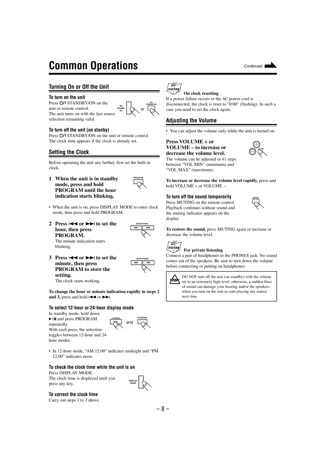 JVC UX-M3R manual Common Operations, Turning On or Off the Unit, Setting the Clock, Adjusting the Volume 