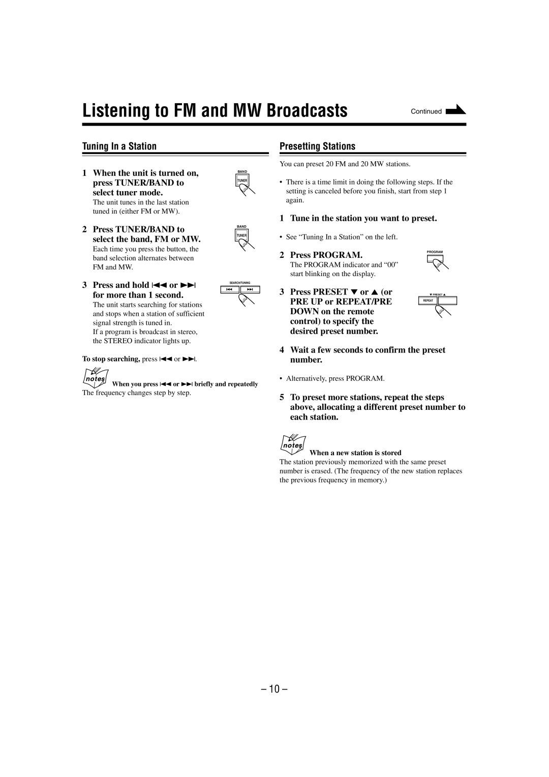 JVC UX-M3R manual Listening to FM and MW Broadcasts, Tuning In a Station, Presetting Stations 