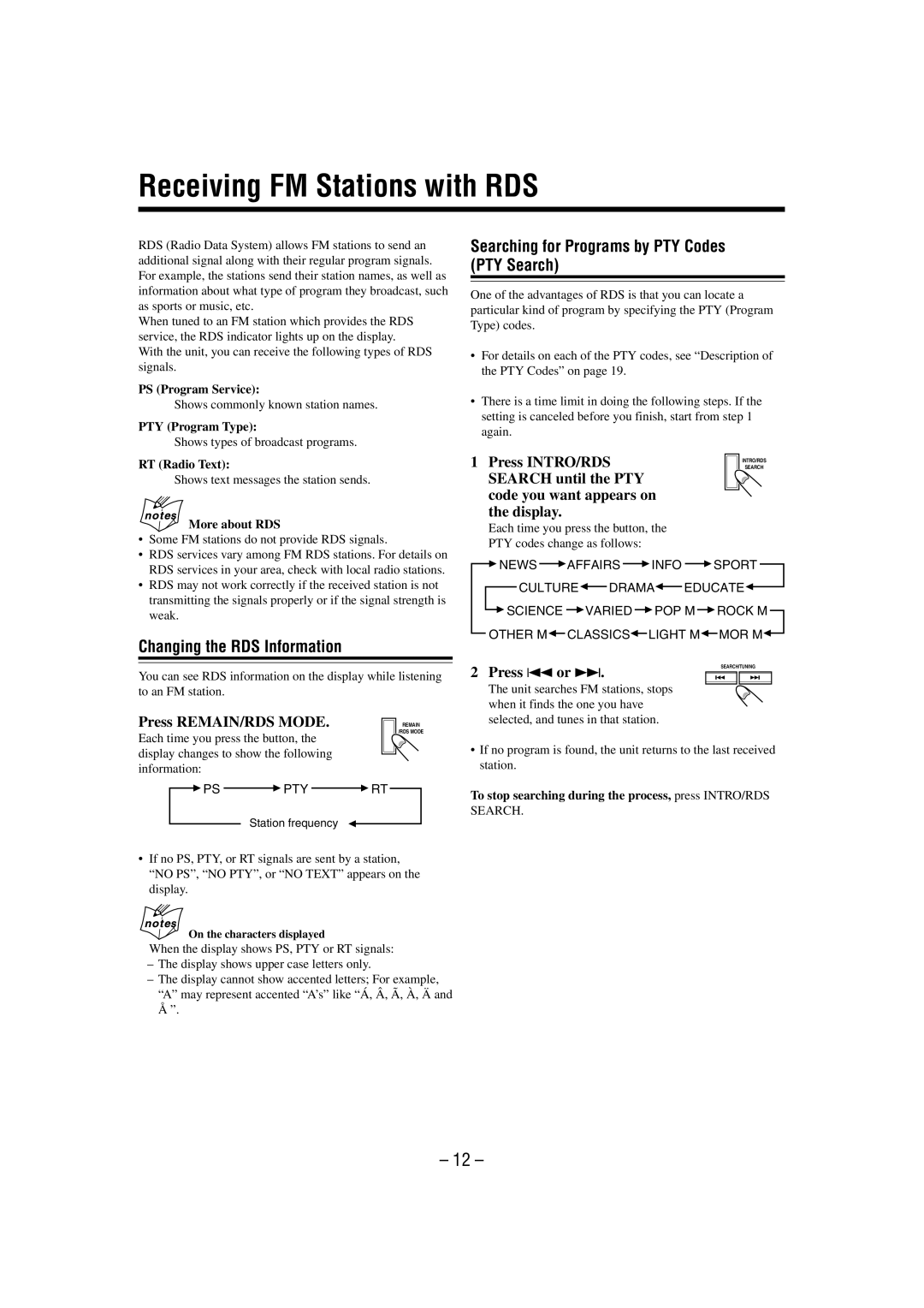 JVC UX-M3R manual Receiving FM Stations with RDS, Press INTRO/RDS, Search until the PTY Code you want appears on Display 