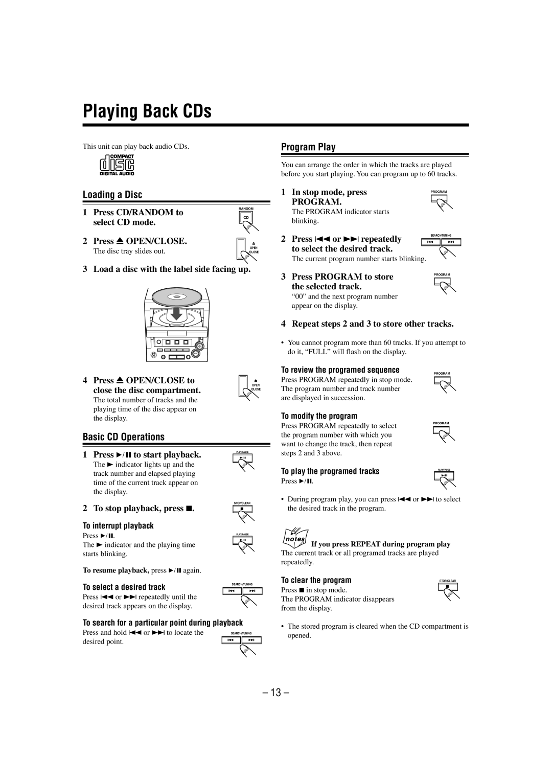 JVC UX-M3R manual Playing Back CDs, Loading a Disc Program Play, Basic CD Operations 