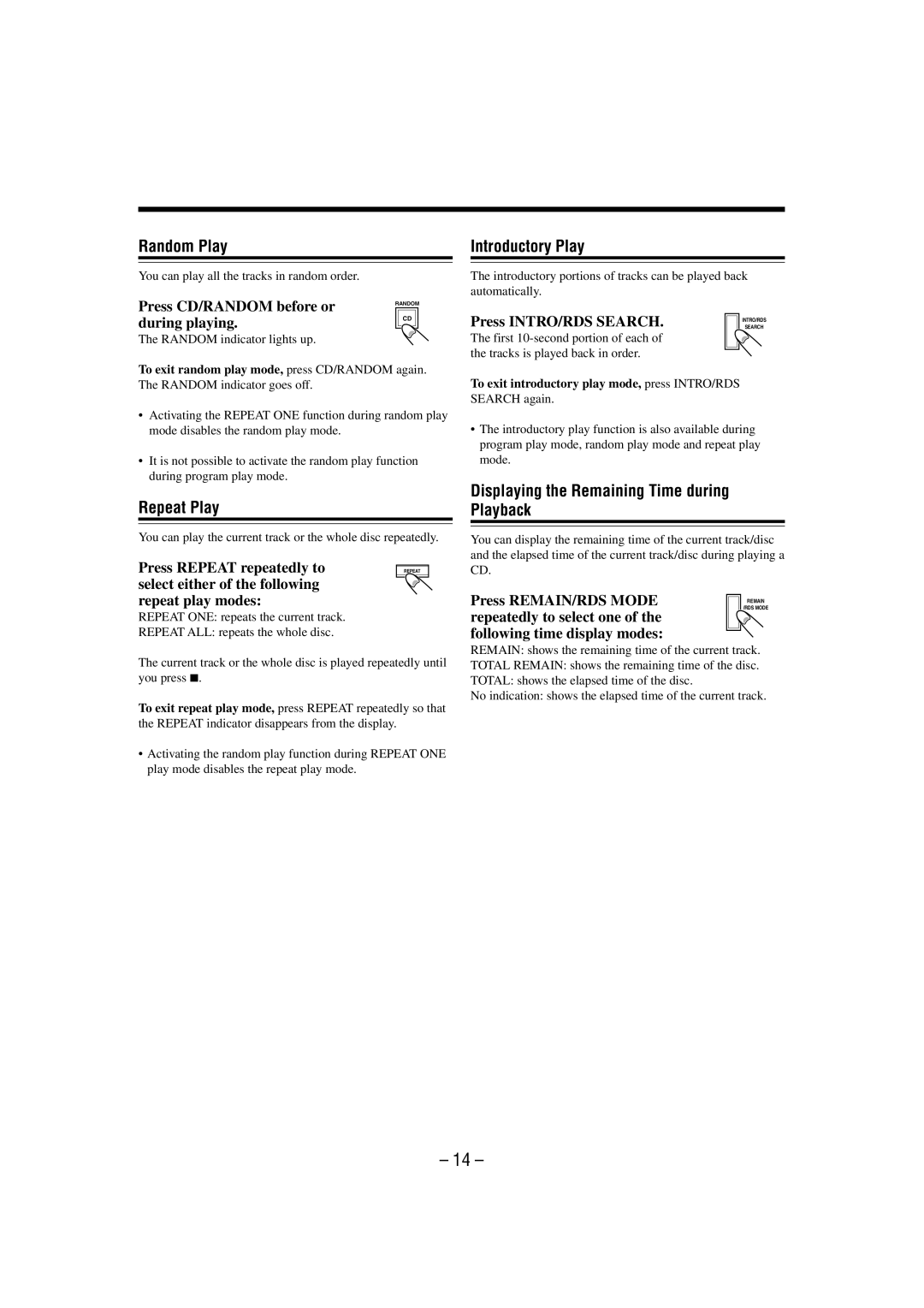 JVC UX-M3R manual Random Play, Repeat Play, Introductory Play, Displaying the Remaining Time during Playback 