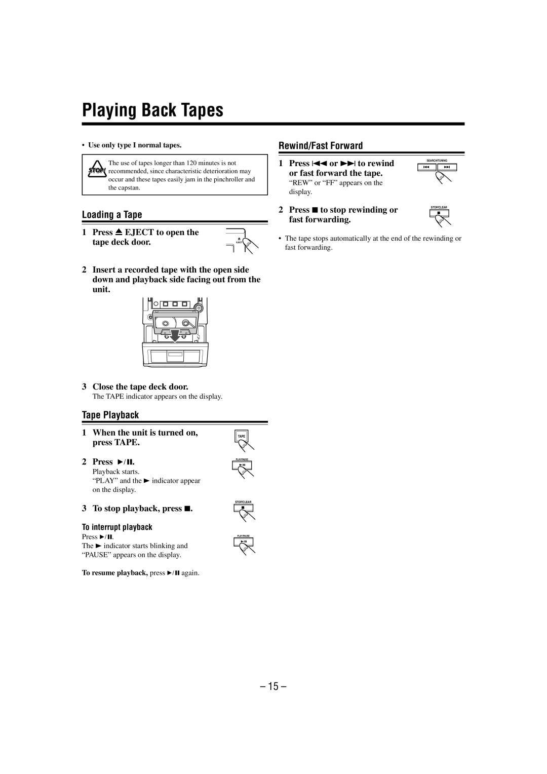 JVC UX-M3R manual Playing Back Tapes, Rewind/Fast Forward, Loading a Tape, Tape Playback 