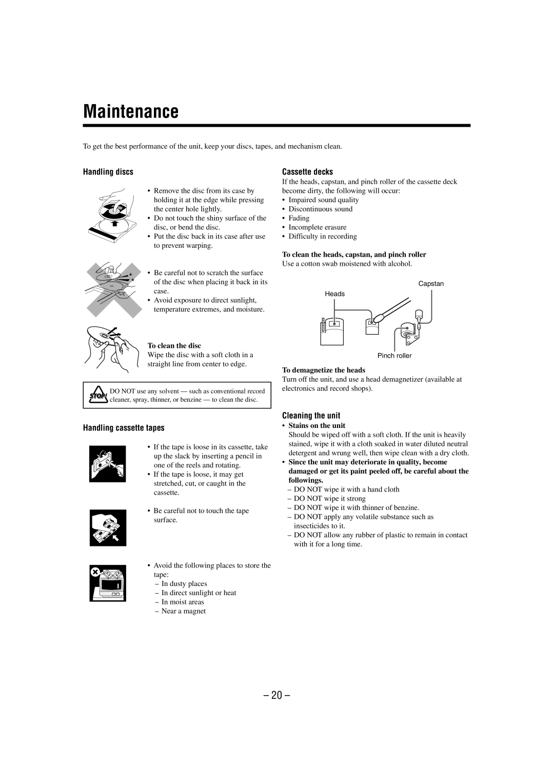 JVC UX-M3R manual Maintenance, Handling discs, Cassette decks, Handling cassette tapes, Cleaning the unit 