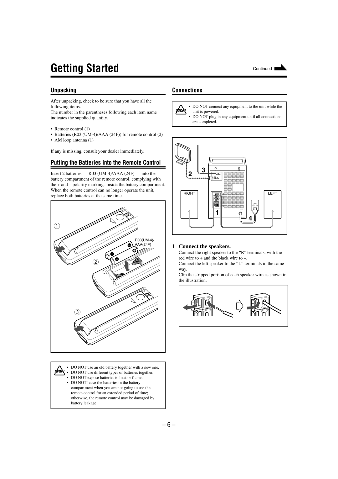 JVC UX-M3R manual Getting Started, Unpacking Connections, Connect the speakers 