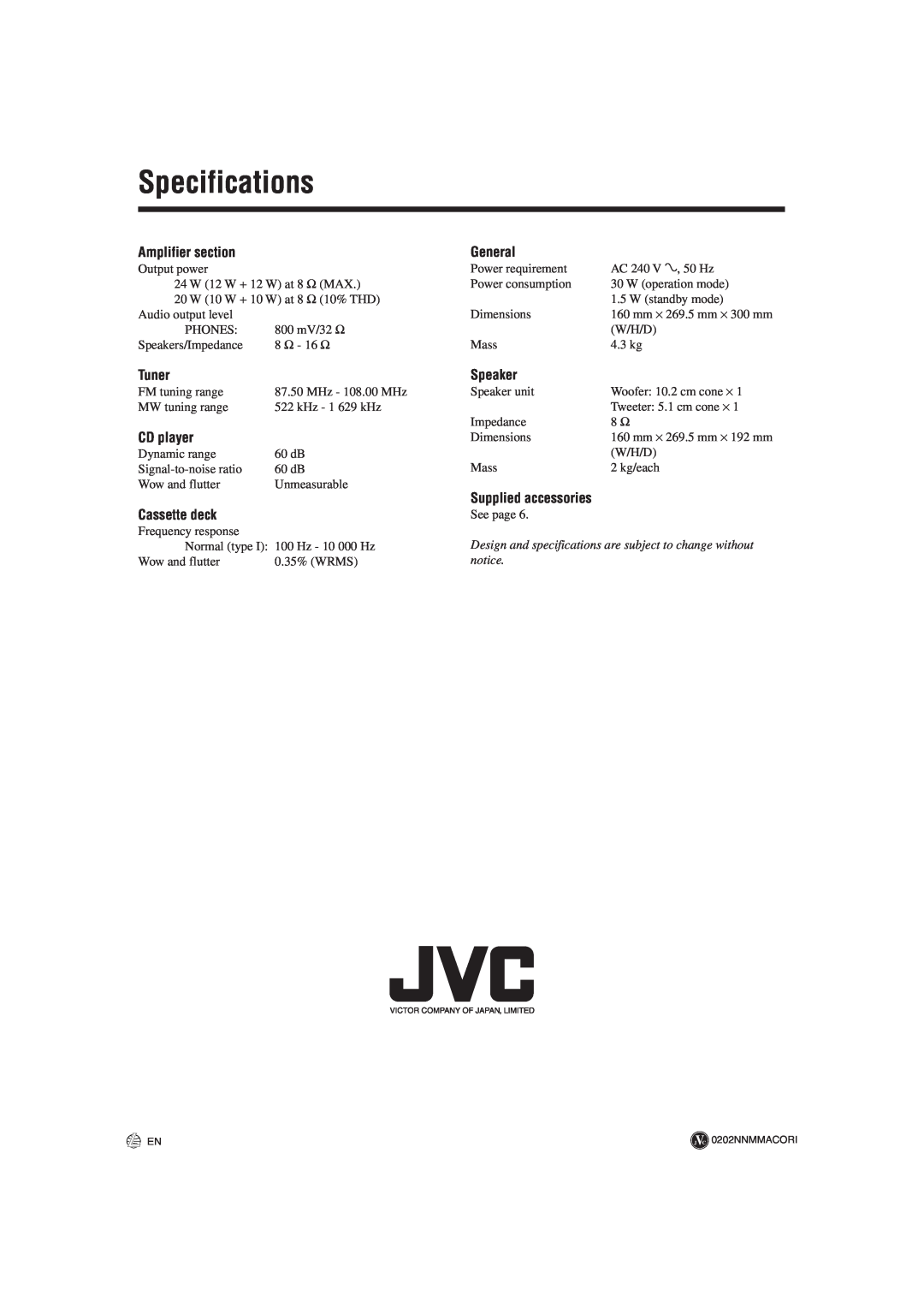 JVC UX-M3R manual Specifications, Amplifier section, Tuner, CD player, General, Speaker, Supplied accessories 