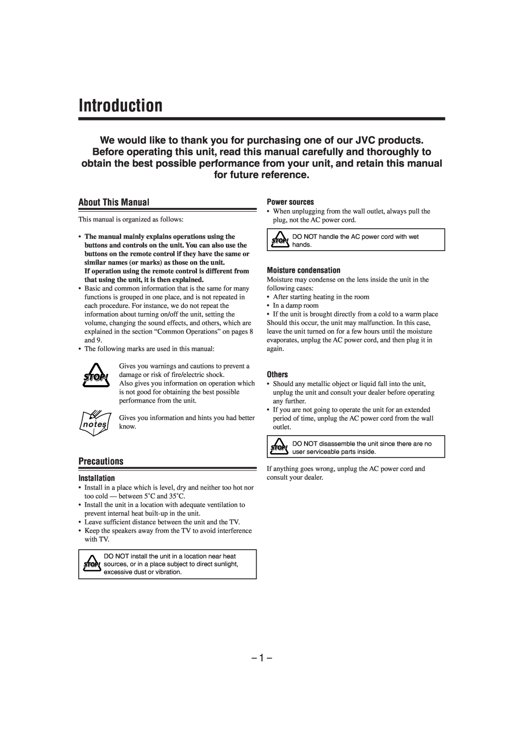 JVC UX-M3R manual Introduction, About This Manual, Precautions, Installation, Power sources, Moisture condensation, Others 