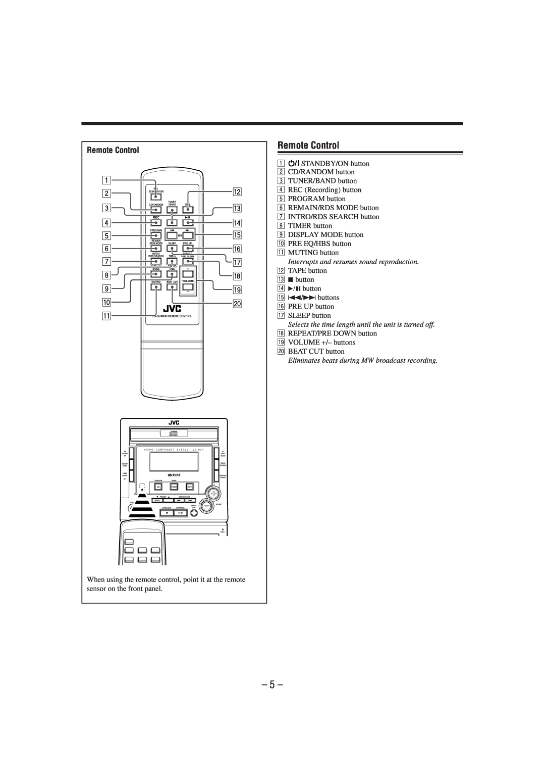 JVC UX-M3R manual Remote Control 