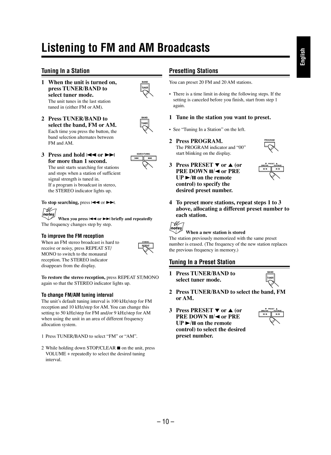 JVC UX-M5 manual Listening to FM and AM Broadcasts, Tuning In a Station, Presetting Stations, Tuning In a Preset Station 