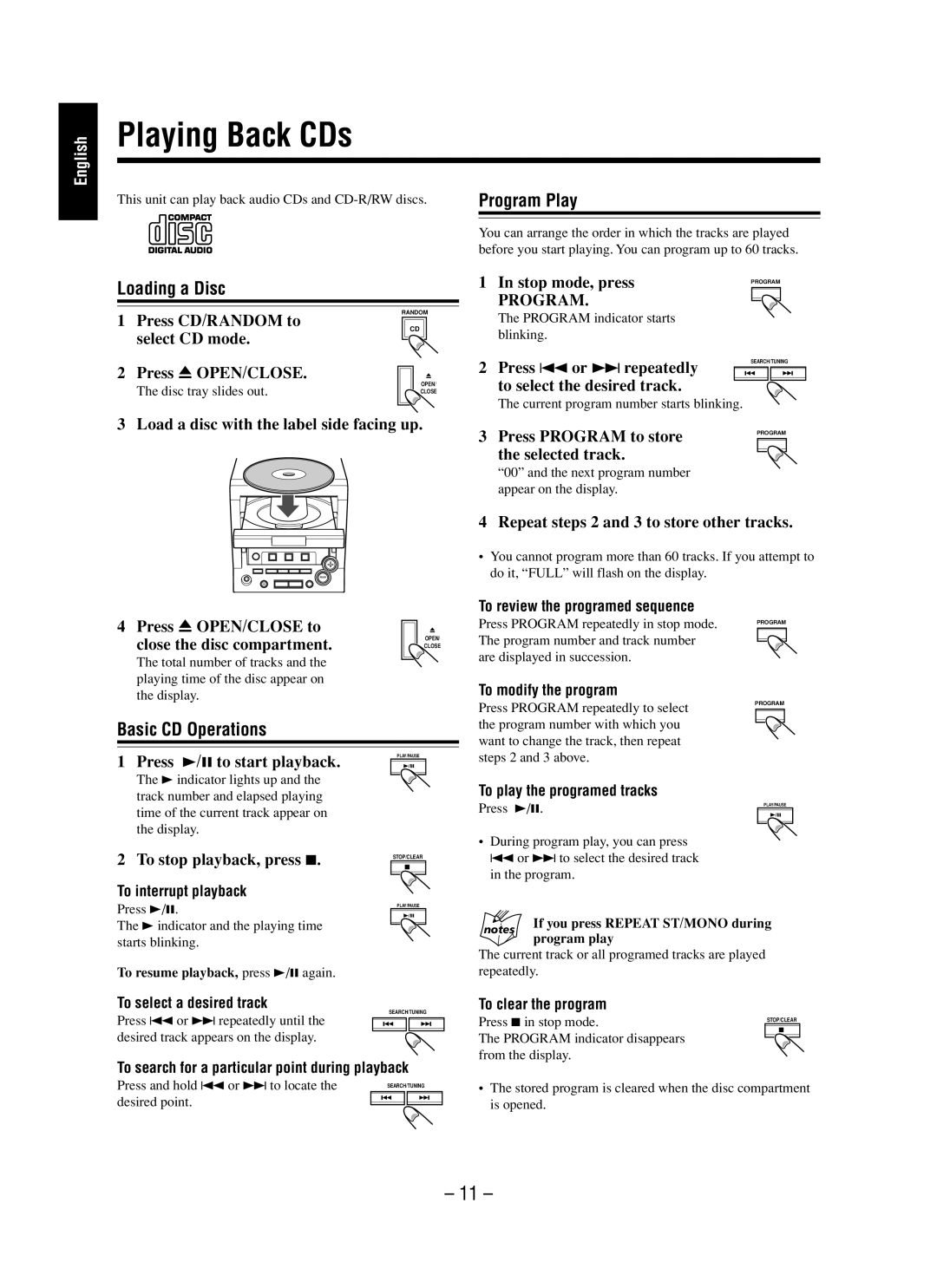 JVC UX-M5 manual Playing Back CDs, Program Play, Loading a Disc, Basic CD Operations 