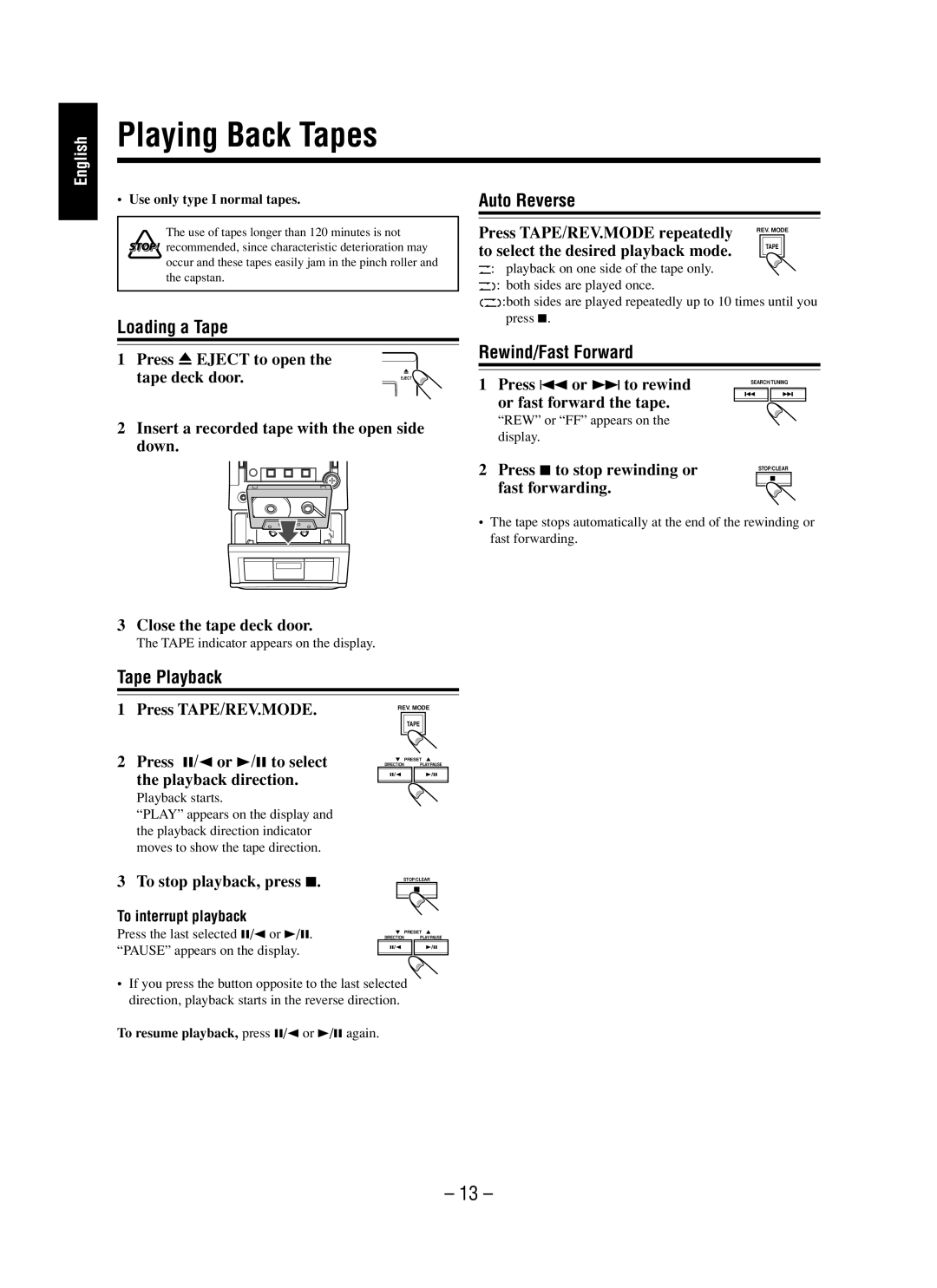 JVC UX-M5 manual Playing Back Tapes, Loading a Tape, Auto Reverse, Rewind/Fast Forward, Tape Playback 