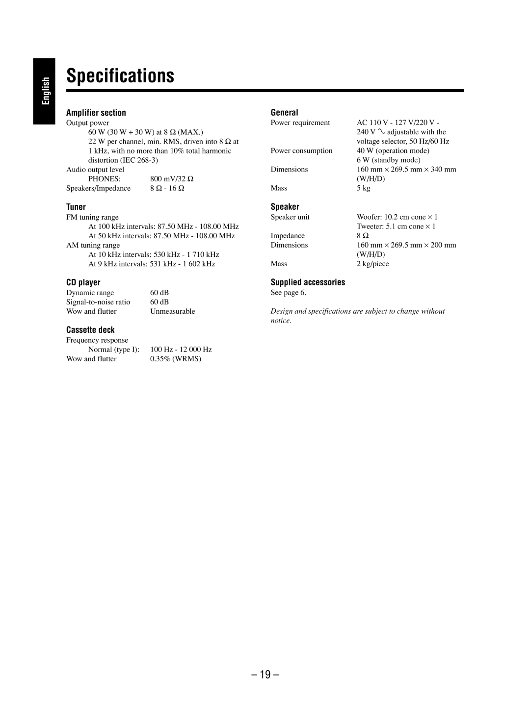 JVC UX-M5 manual Specifications, Amplifier section General, Tuner Speaker, CD player Supplied accessories, Cassette deck 