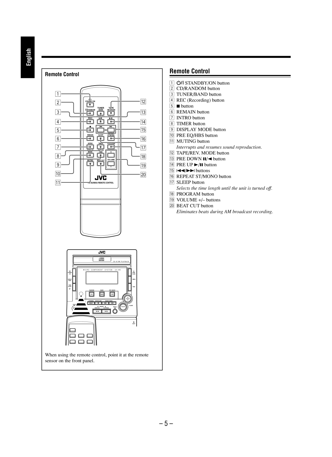 JVC UX-M5 manual Remote Control 