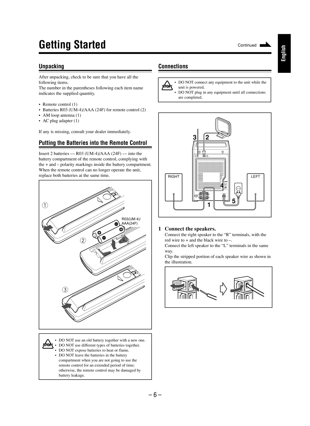 JVC UX-M5 manual Getting Started, Unpacking Connections, Connect the speakers 