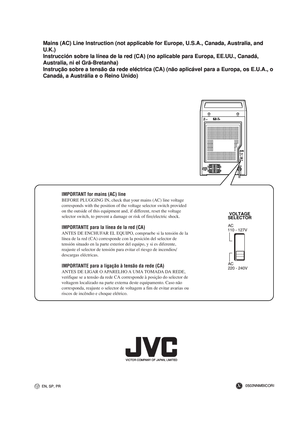 JVC UX-M5 manual IMPORTANT for mains AC line, IMPORTANTE para la línea de la red CA, Voltage Selector 