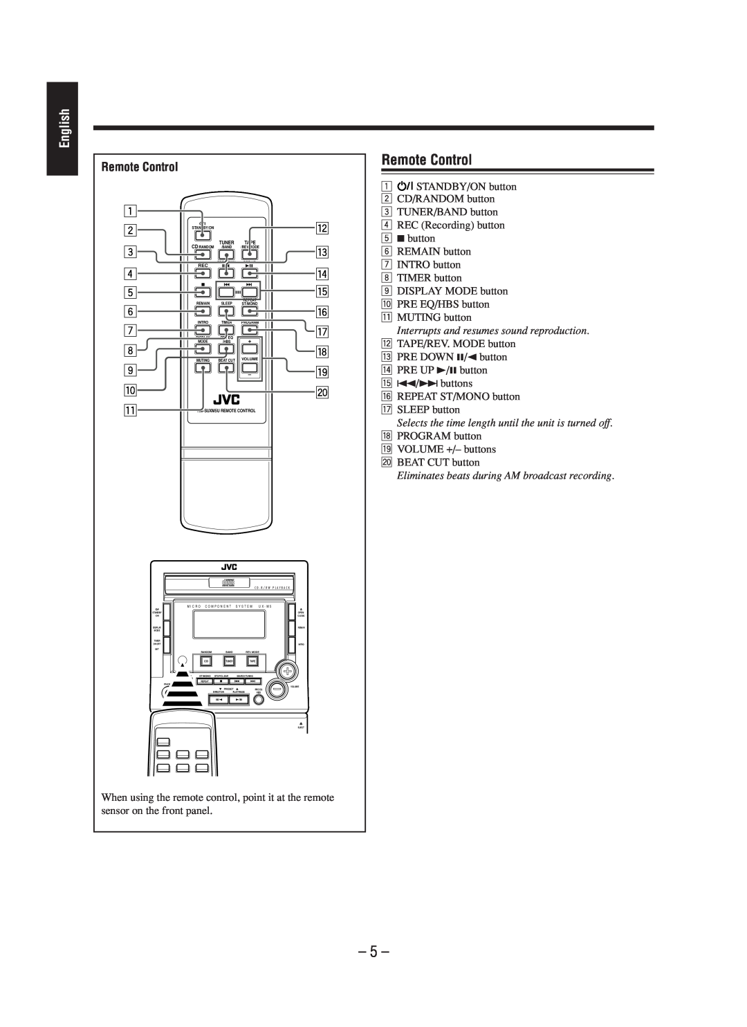 JVC UX-M5 manual Remote Control, English 