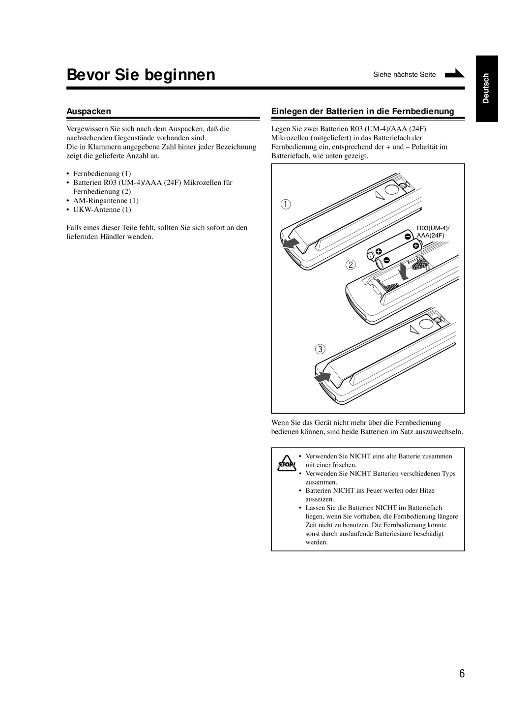 JVC UX-M55 manual Bevor Sie beginnen, Auspacken, Einlegen der Batterien in die Fernbedienung 