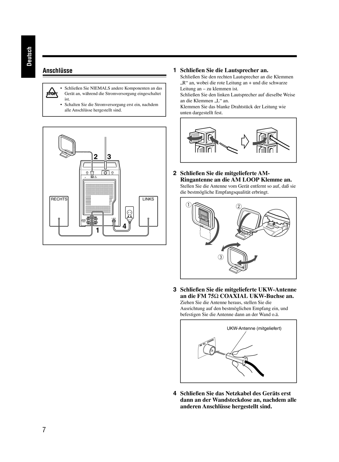 JVC UX-M55 manual Anschlüsse, Schließen Sie die Lautsprecher an 