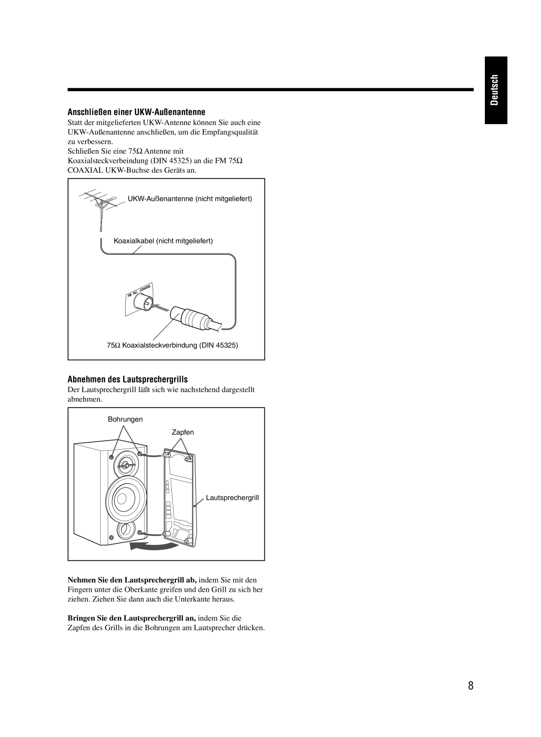 JVC UX-M55 manual Anschließen einer UKW-Außenantenne, Abnehmen des Lautsprechergrills 