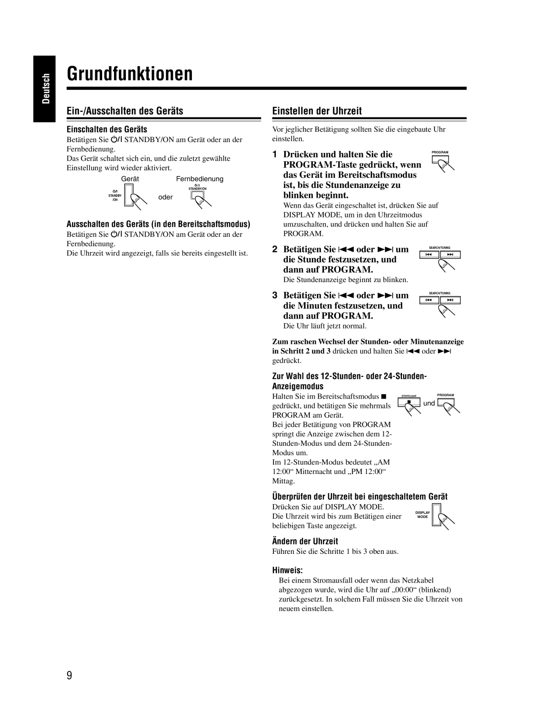 JVC UX-M55 manual Grundfunktionen, Ein-/Ausschalten des Geräts, Einstellen der Uhrzeit 