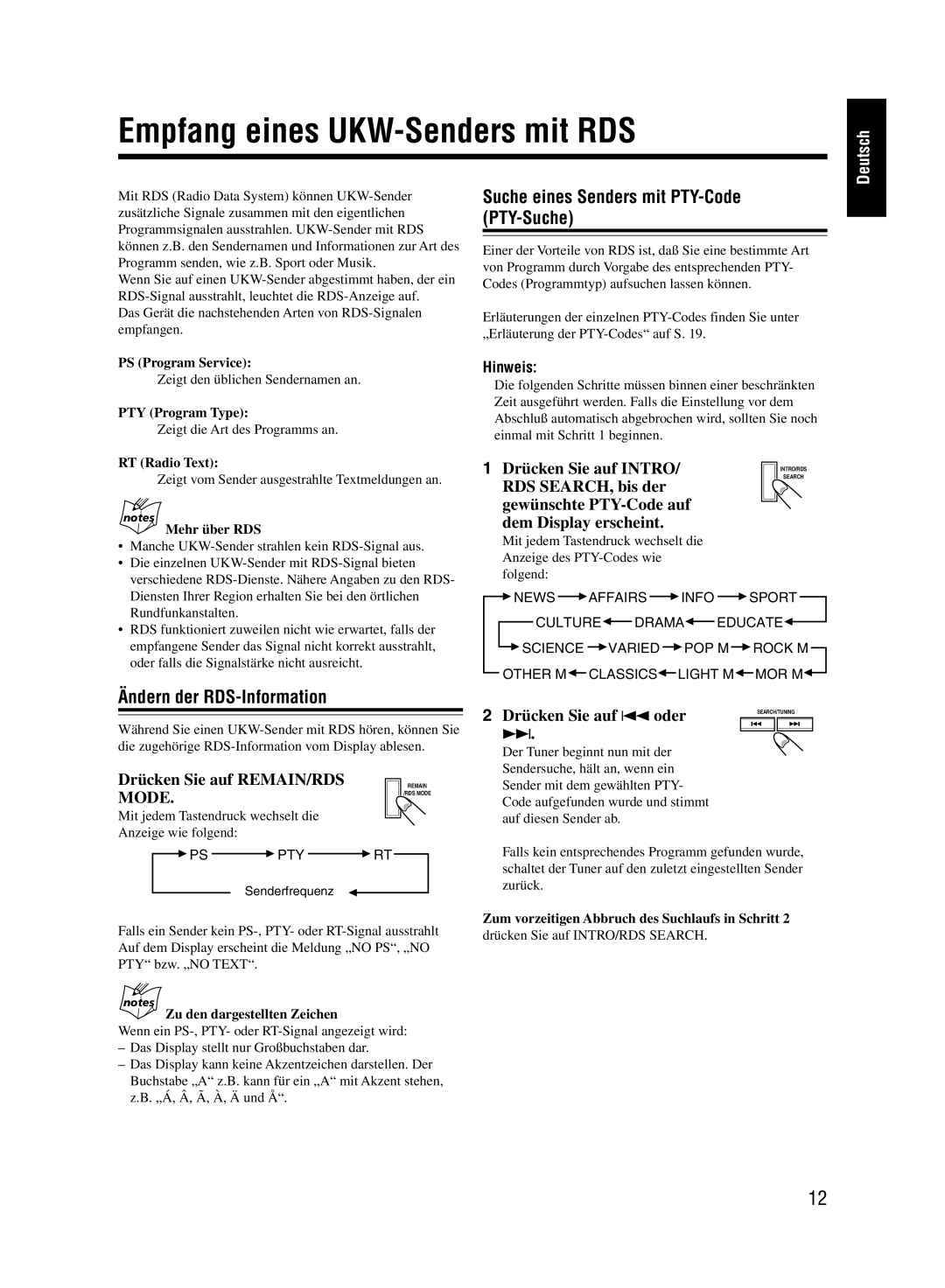 JVC UX-M55 manual Empfang eines UKW-Senders mit RDS, Suche eines Senders mit PTY-Code PTY-Suche, Ändern der RDS-Information 