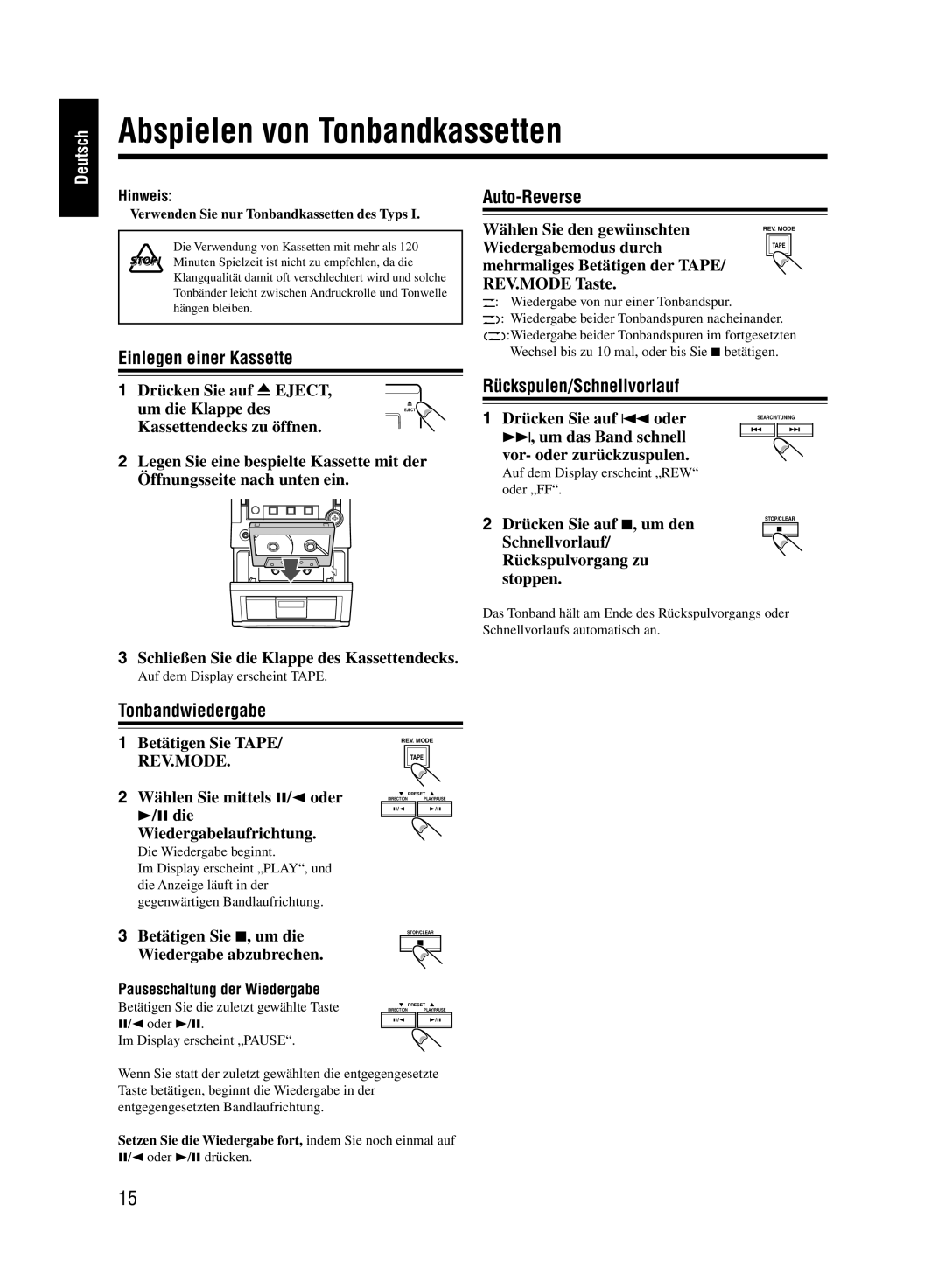 JVC UX-M55 manual Abspielen von Tonbandkassetten, Einlegen einer Kassette, Auto-Reverse, Rückspulen/Schnellvorlauf 