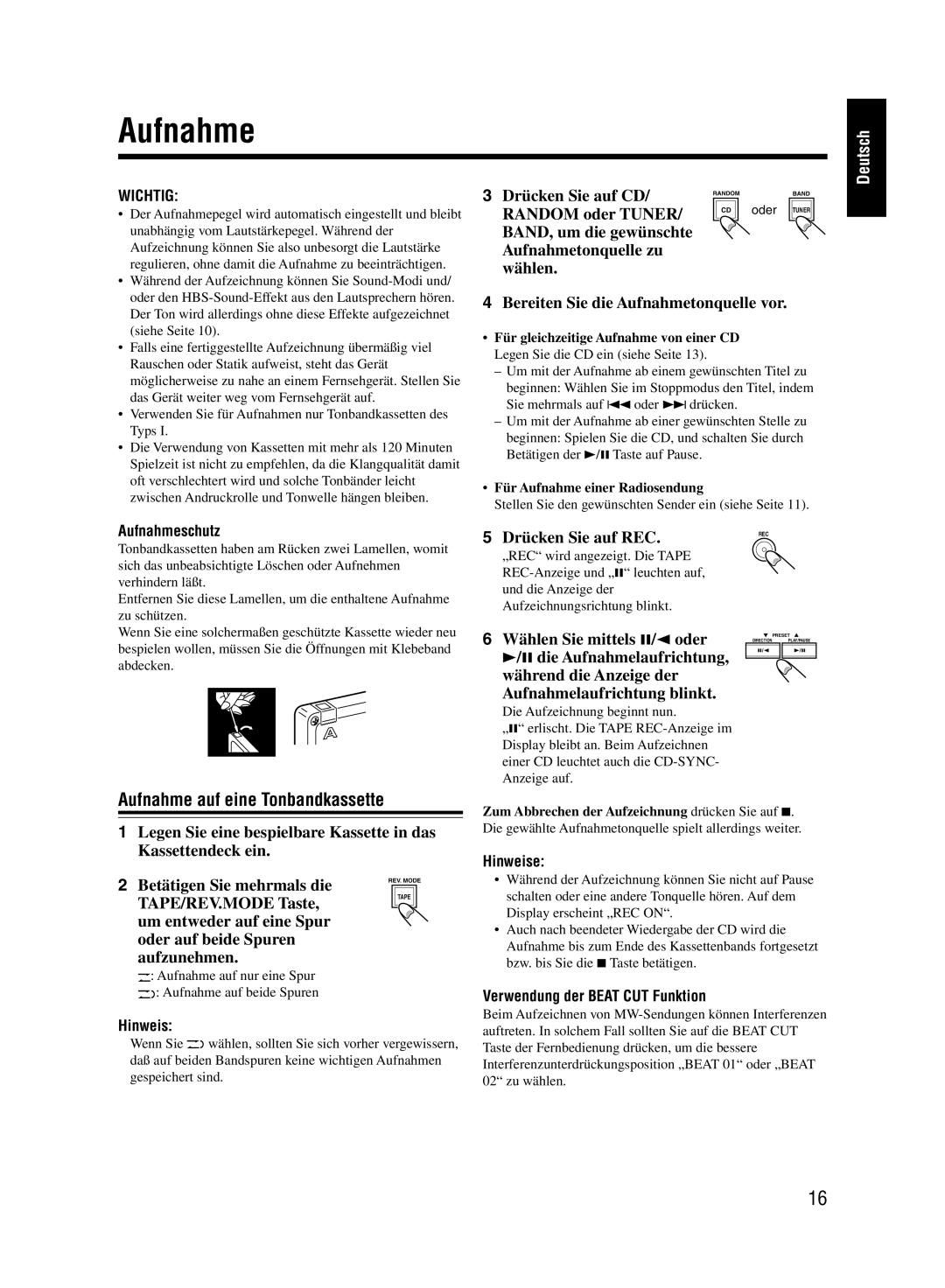 JVC UX-M55 manual Aufnahme auf eine Tonbandkassette, Random oder Tuner, Drücken Sie auf REC 