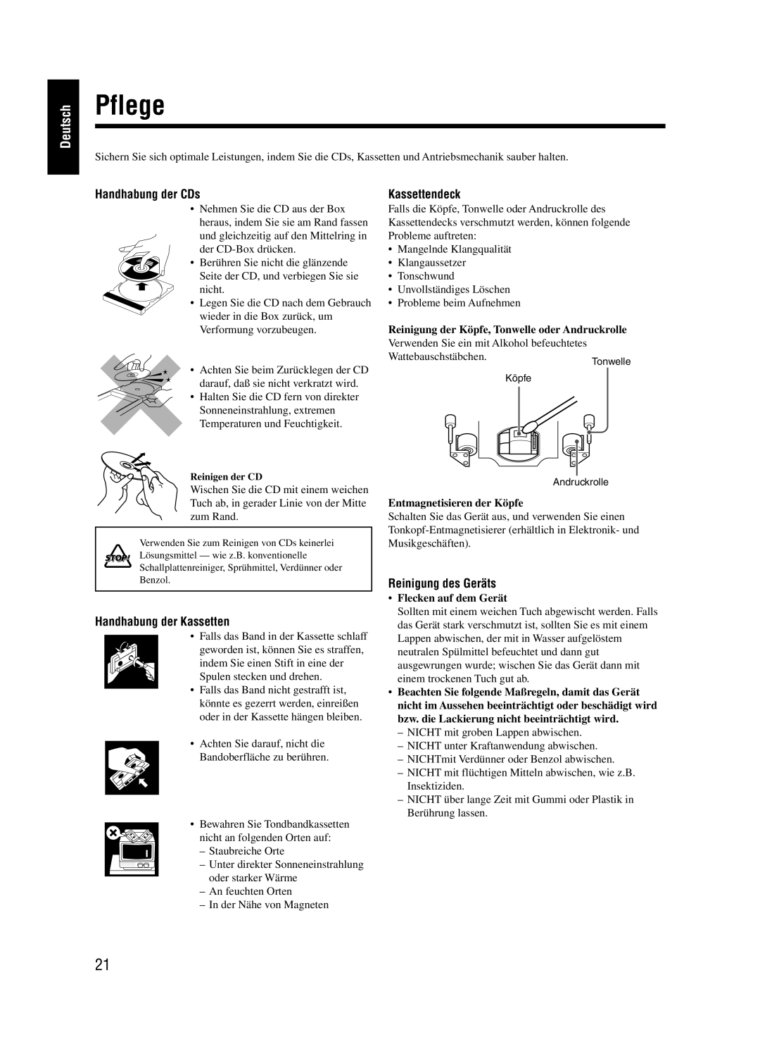 JVC UX-M55 manual Pflege, Handhabung der CDs, Kassettendeck, Handhabung der Kassetten, Reinigung des Geräts 