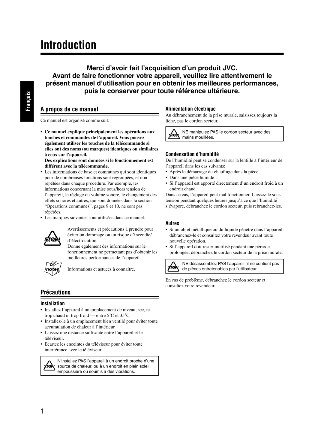 JVC UX-M55 manual Introduction, Propos de ce manuel, Précautions 