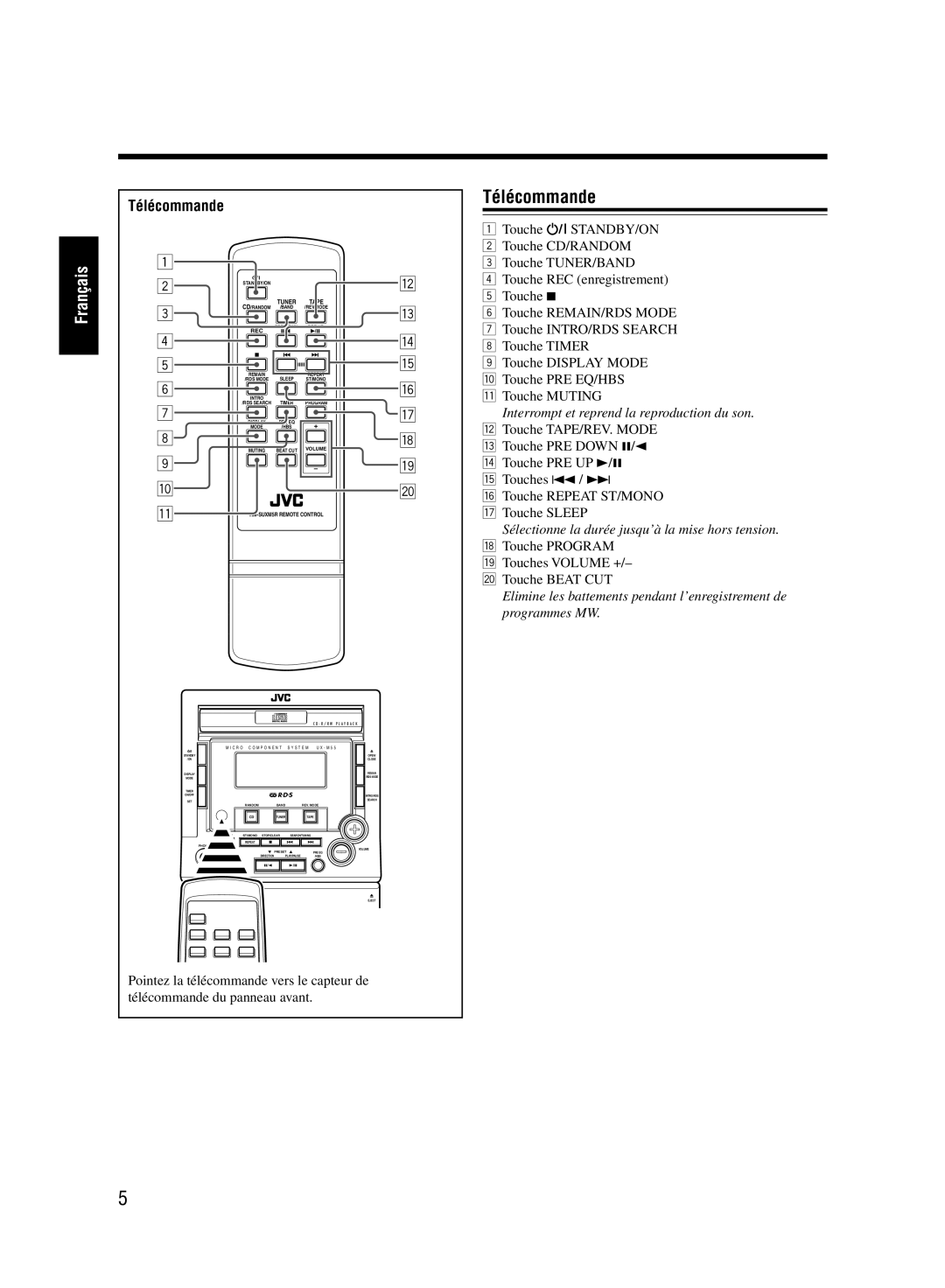 JVC UX-M55 manual Télécommande 