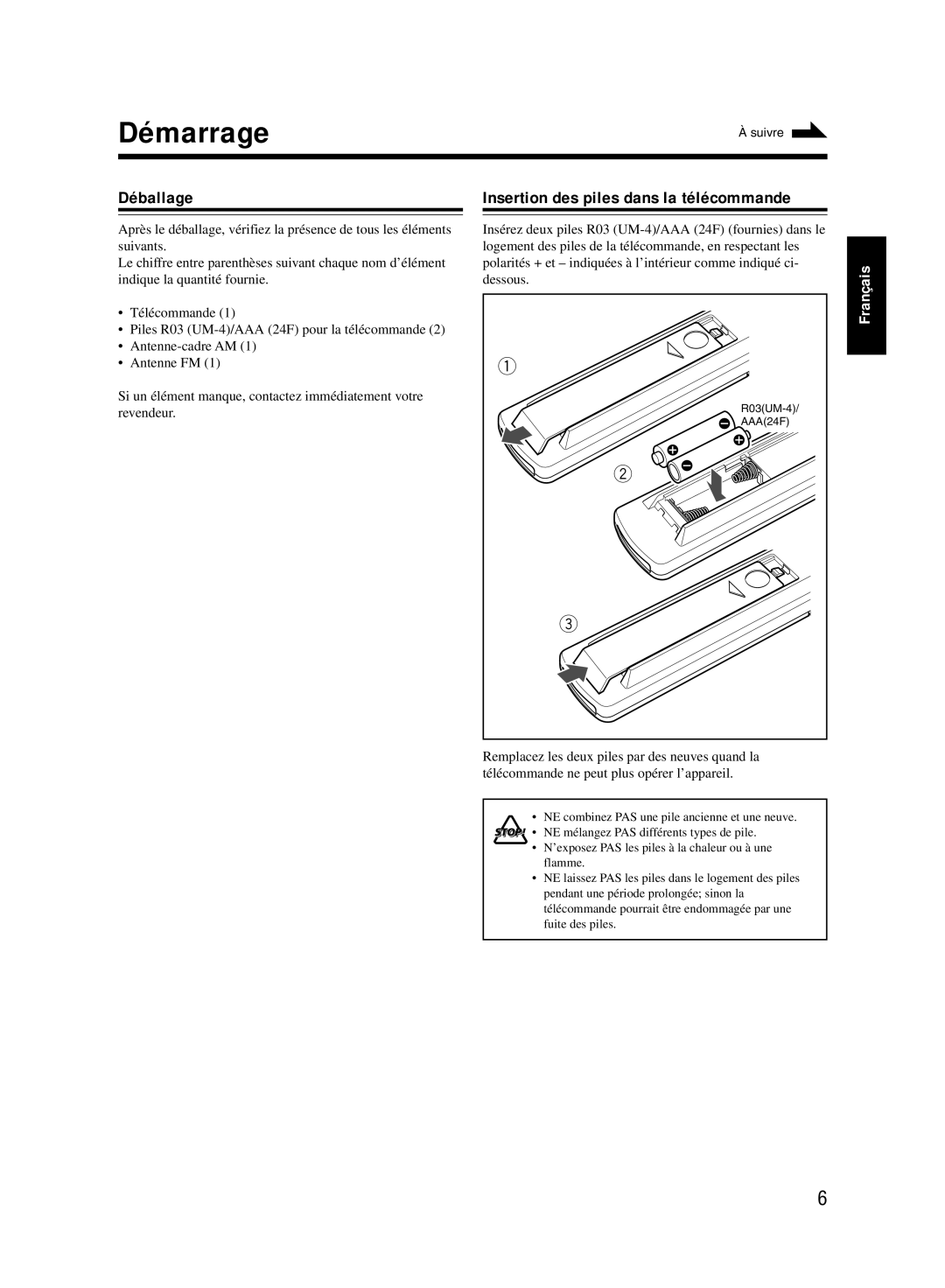 JVC UX-M55 manual Démarrage, Déballage Insertion des piles dans la télécommande 