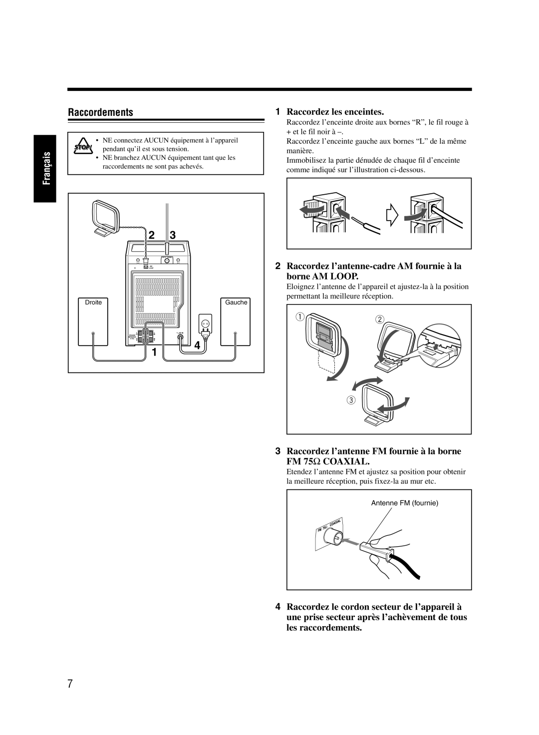 JVC UX-M55 manual Raccordements, Raccordez les enceintes, Raccordez l’antenne-cadre AM fournie à la Borne AM Loop 