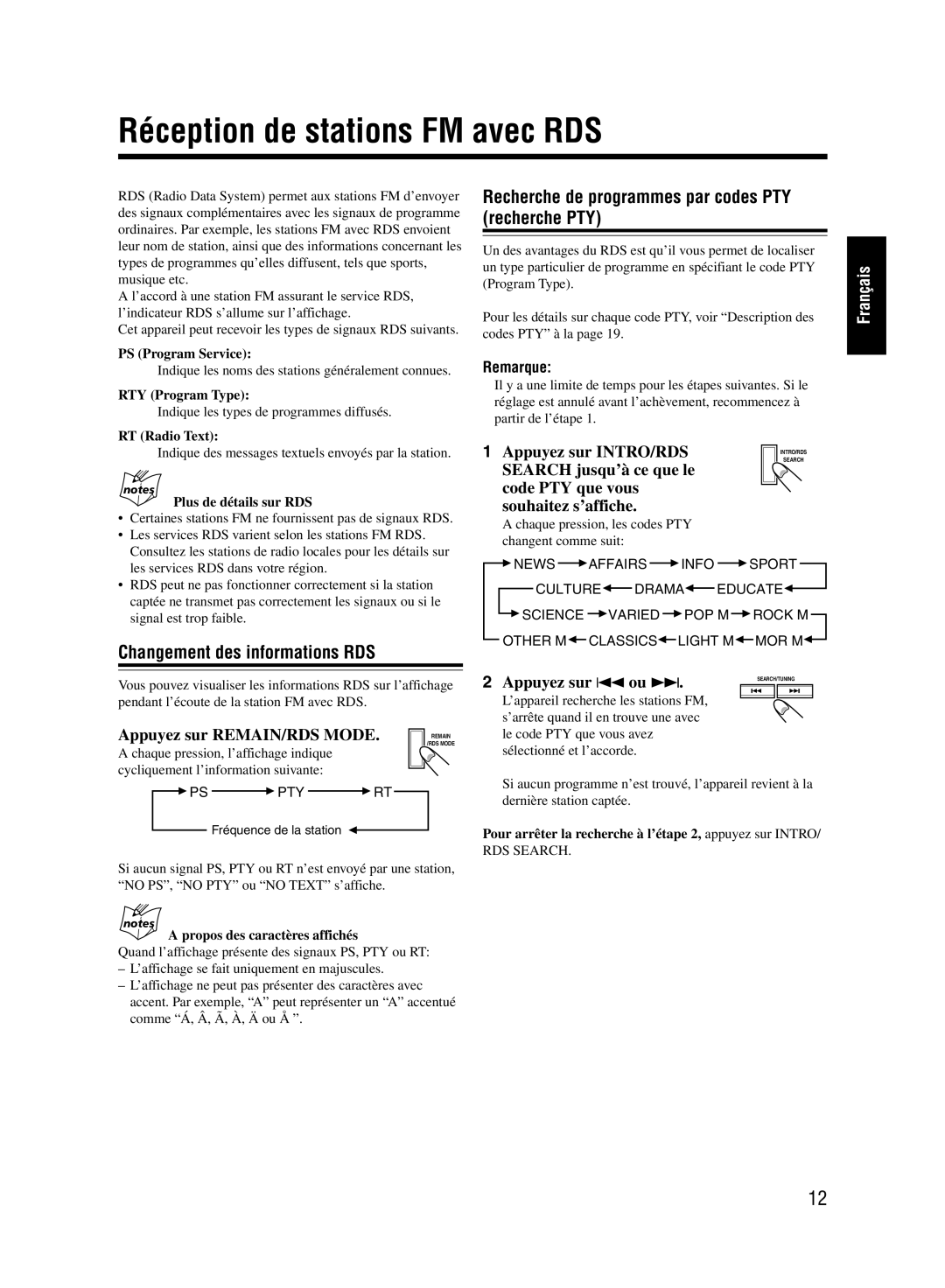 JVC UX-M55 manual Réception de stations FM avec RDS, Changement des informations RDS 