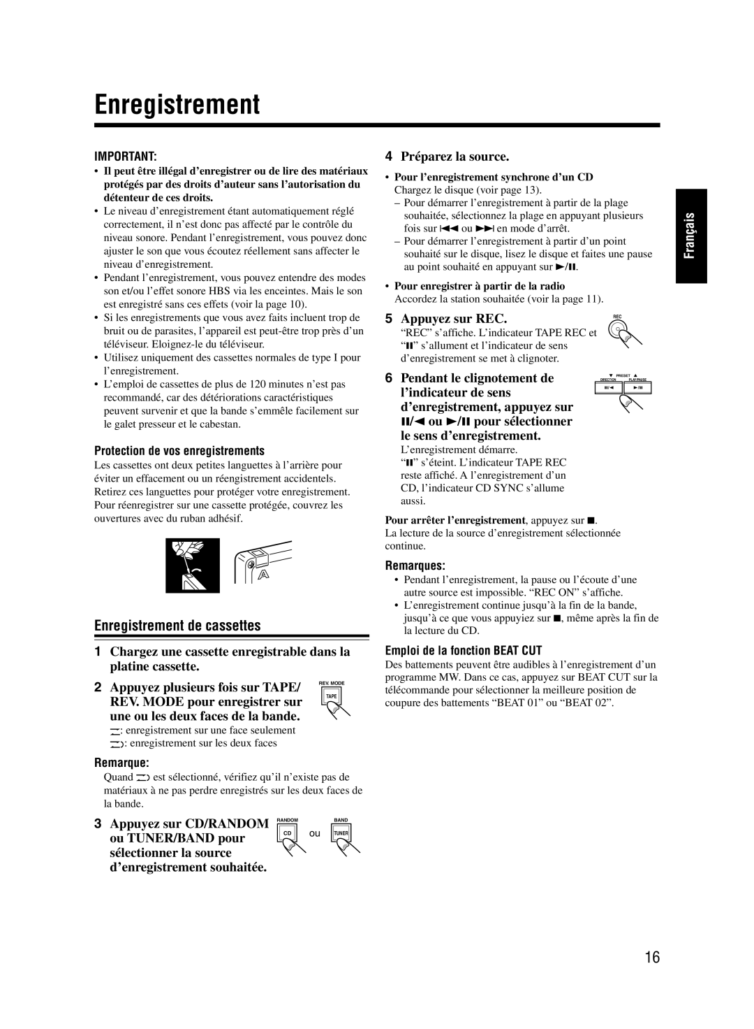 JVC UX-M55 manual Enregistrement de cassettes 