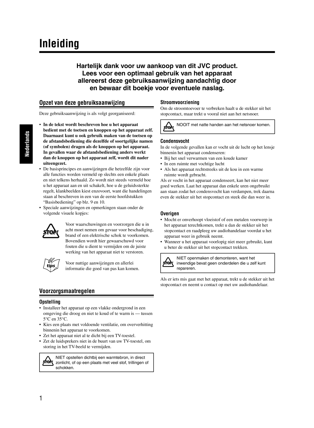 JVC UX-M55 manual Inleiding, Opzet van deze gebruiksaanwijzing, Voorzorgsmaatregelen 