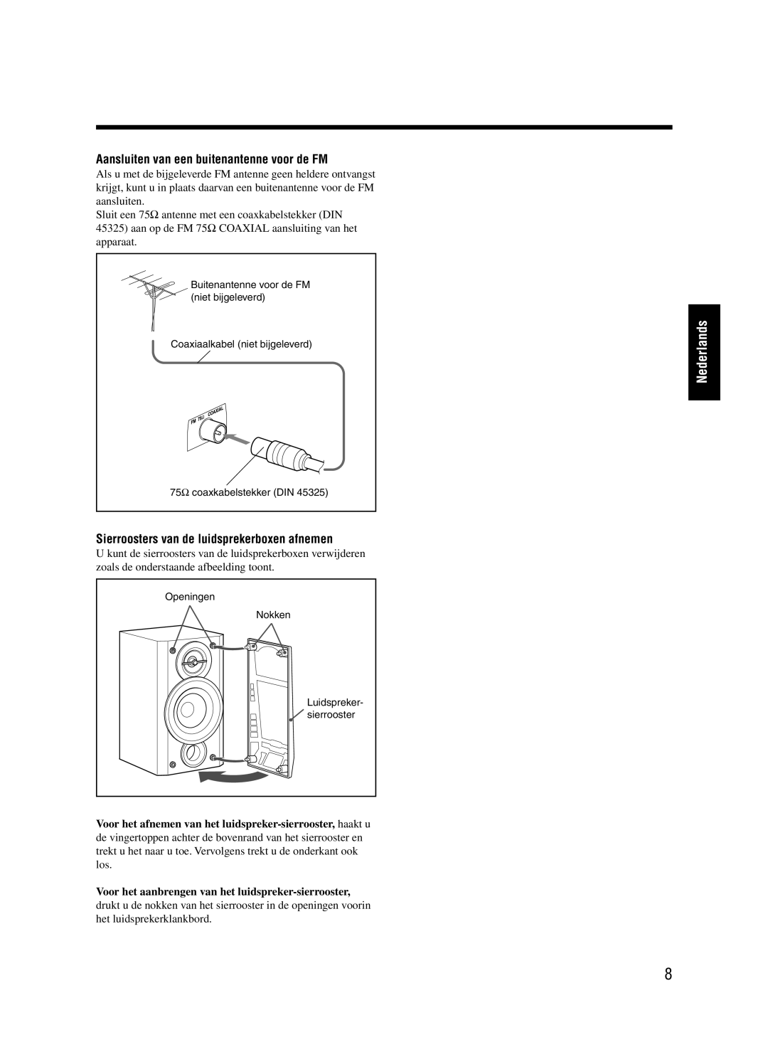 JVC UX-M55 manual Aansluiten van een buitenantenne voor de FM, Sierroosters van de luidsprekerboxen afnemen 