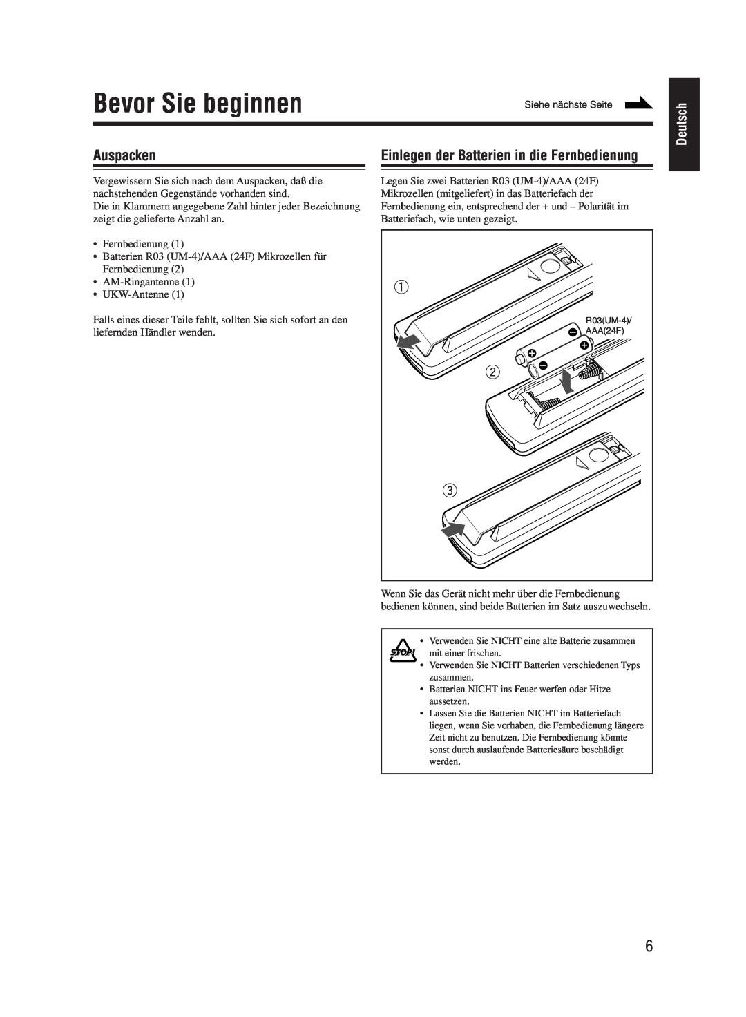 JVC UX-M55 manual Bevor Sie beginnen, Auspacken, Einlegen der Batterien in die Fernbedienung, Deutsch 