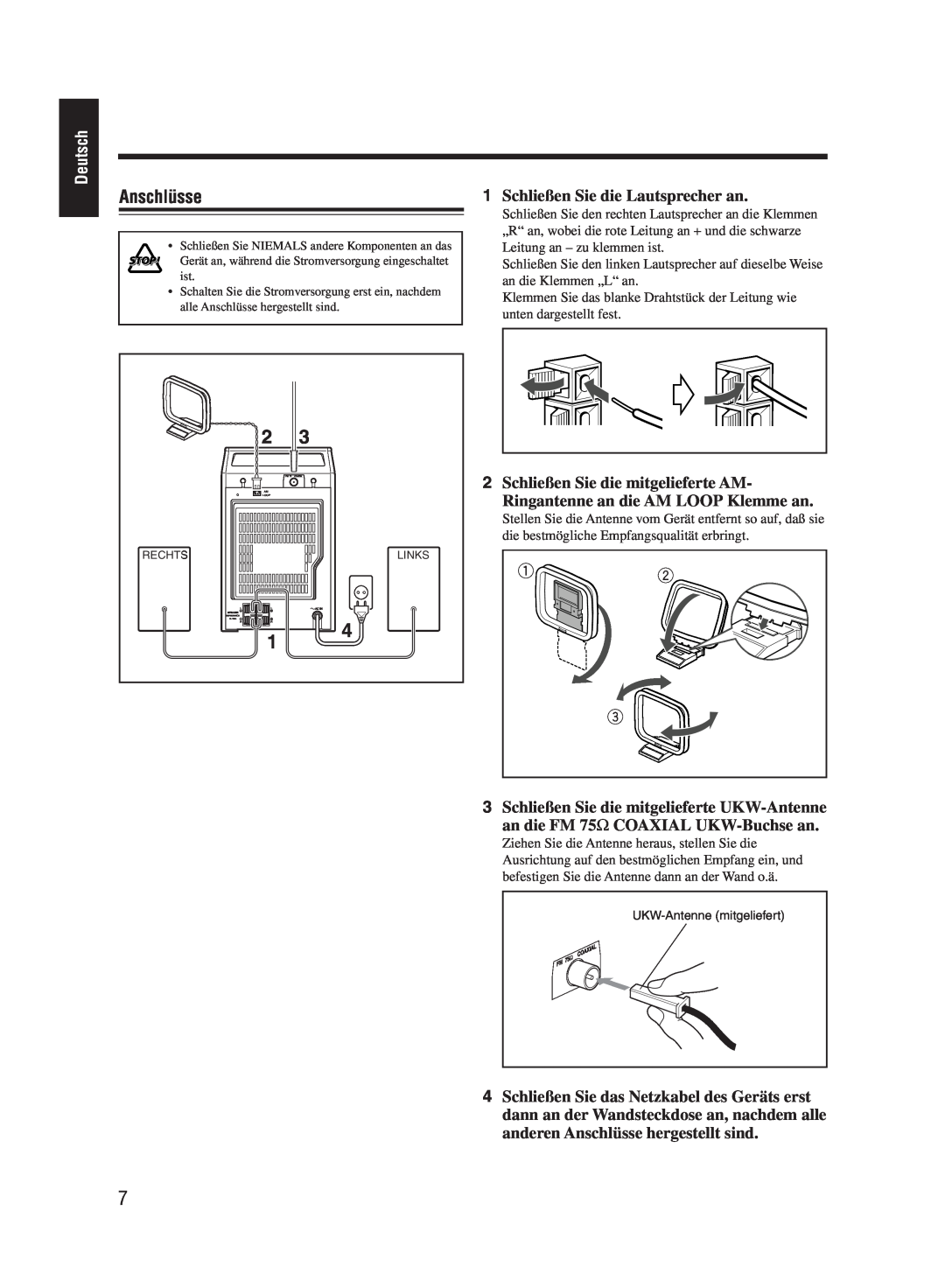 JVC UX-M55 manual Anschlüsse, Deutsch, 1Schließen Sie die Lautsprecher an, 3Schließen Sie die mitgelieferte UKW-Antenne 