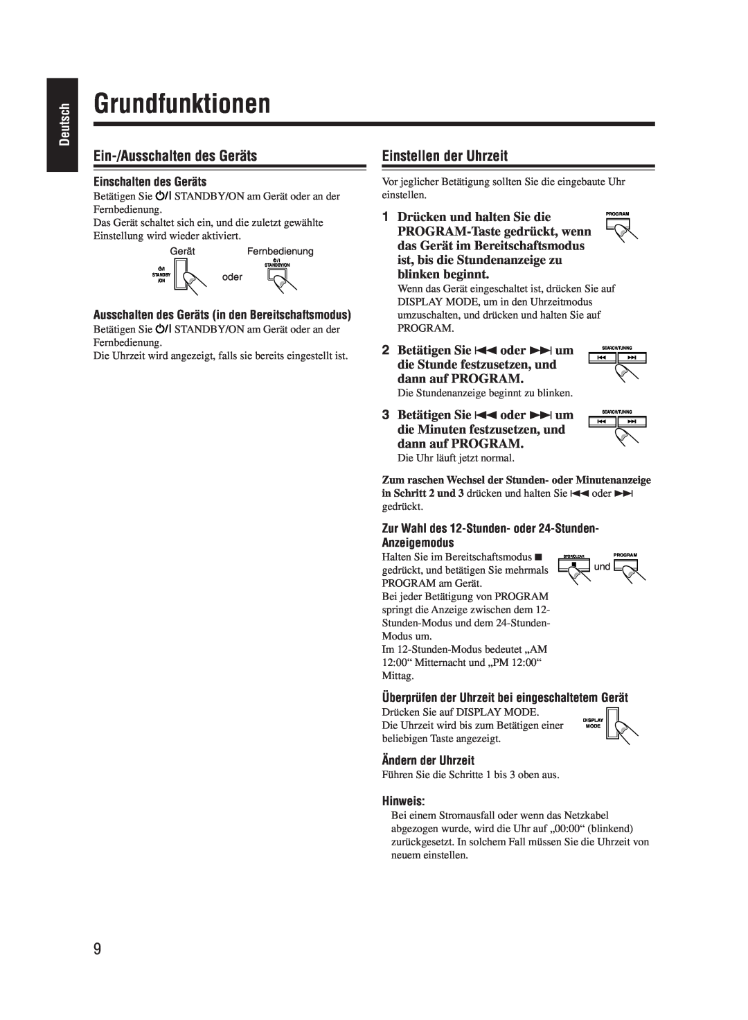 JVC UX-M55 manual Grundfunktionen, Ein-/Ausschaltendes Geräts, Einstellen der Uhrzeit, Deutsch 