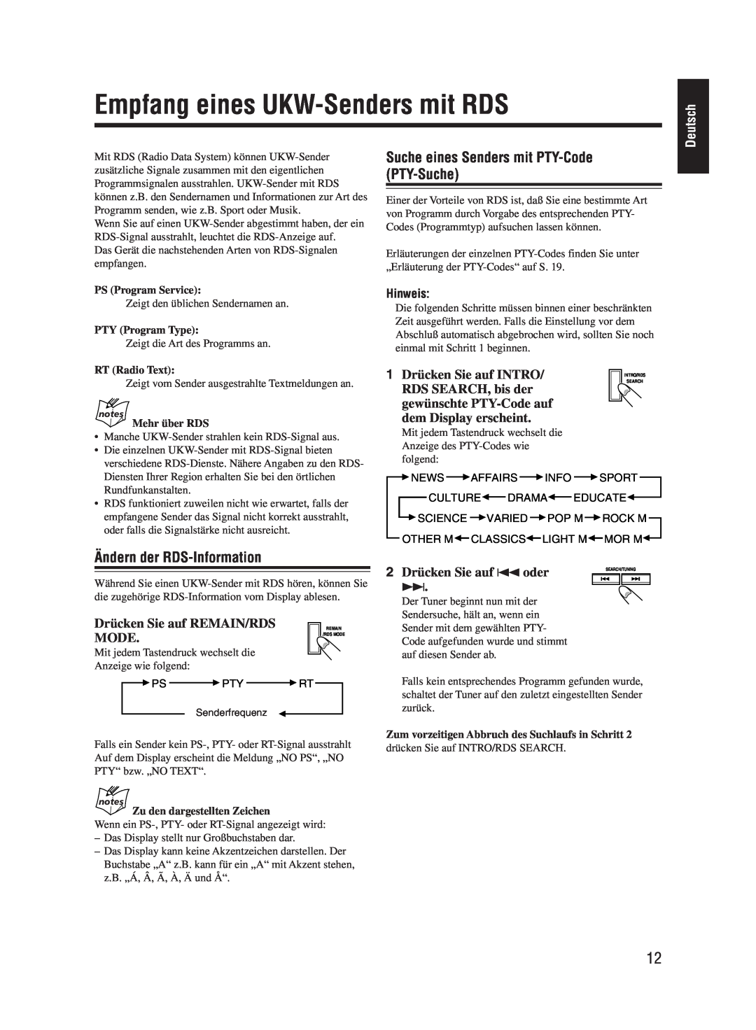 JVC UX-M55 manual Empfang eines UKW-Sendersmit RDS, Suche eines Senders mit PTY-Code PTY-Suche, Ändern der RDS-Information 