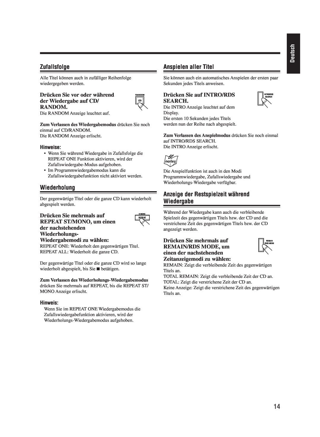 JVC UX-M55 manual Zufallsfolge, Wiederholung, Anspielen aller Titel, Anzeige der Restspielzeit während Wiedergabe, Deutsch 