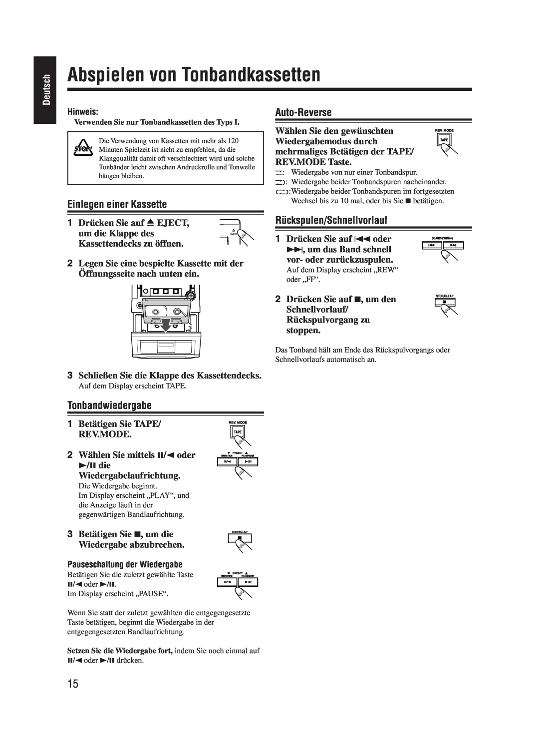 JVC UX-M55 manual Abspielen von Tonbandkassetten, Einlegen einer Kassette, Auto-Reverse, Rückspulen/Schnellvorlauf, Deutsch 