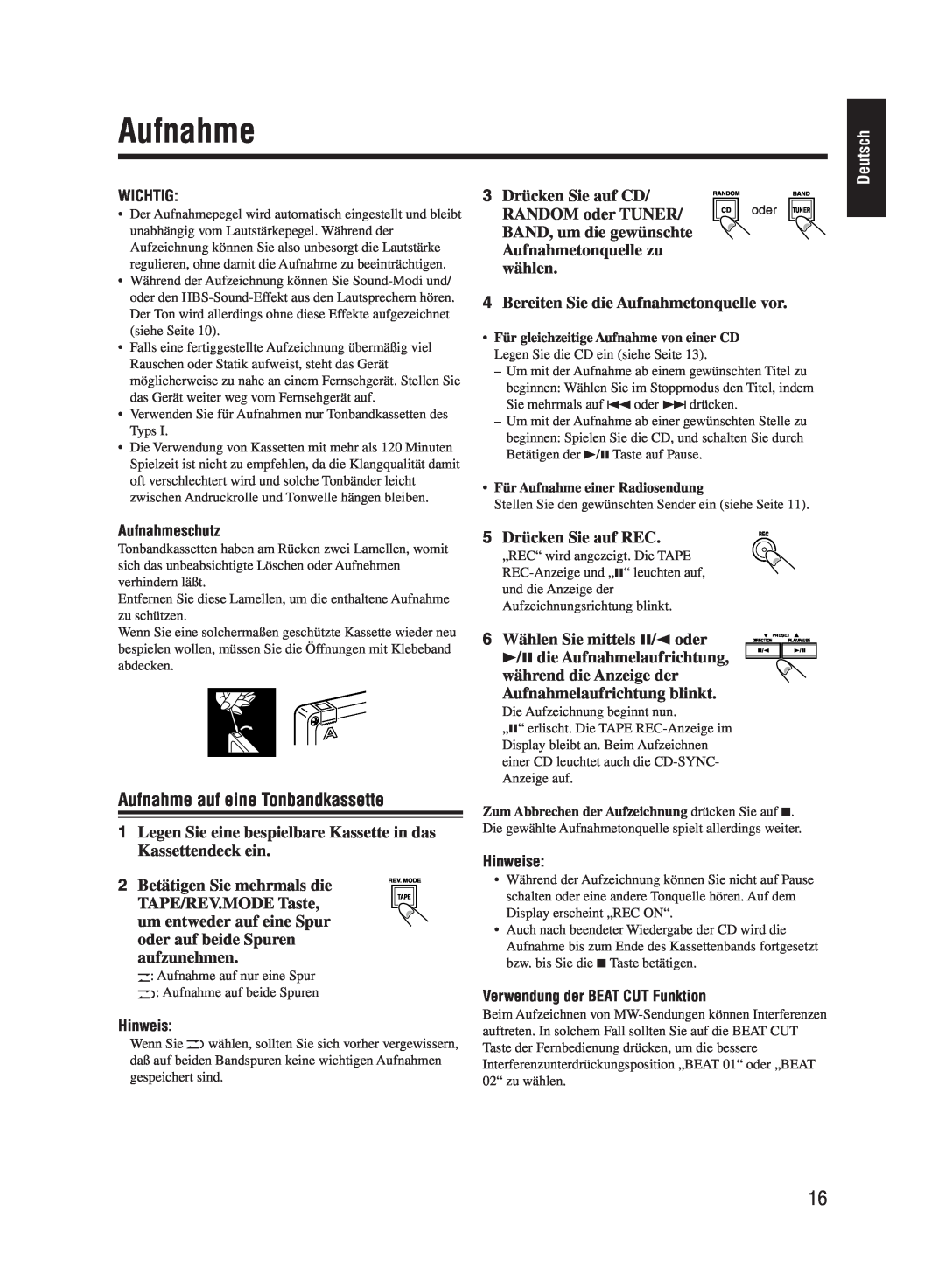JVC UX-M55 manual Aufnahme auf eine Tonbandkassette, Deutsch 