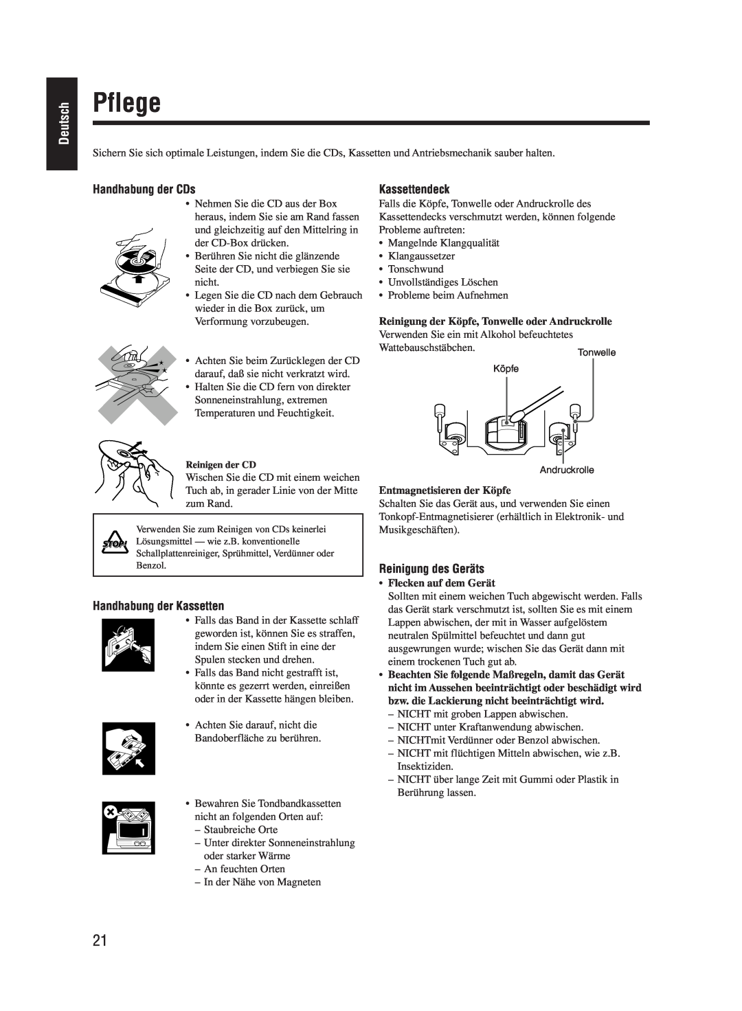 JVC UX-M55 manual Pflege, Deutsch, Handhabung der CDs, Kassettendeck, Handhabung der Kassetten, Reinigung des Geräts 