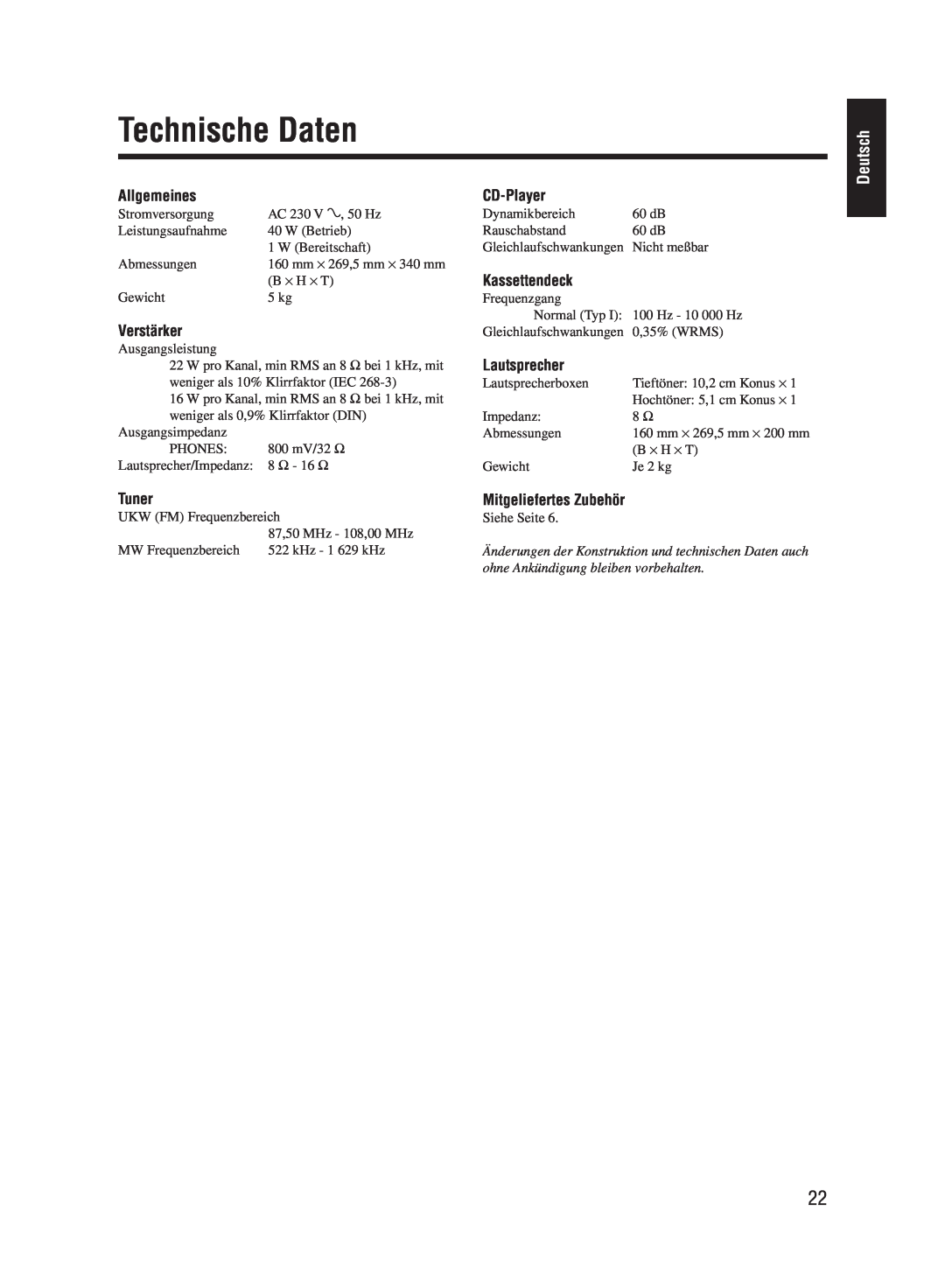 JVC UX-M55 manual Technische Daten, Deutsch, Allgemeines, Verstärker, CD-Player, Kassettendeck, Lautsprecher, Tuner 