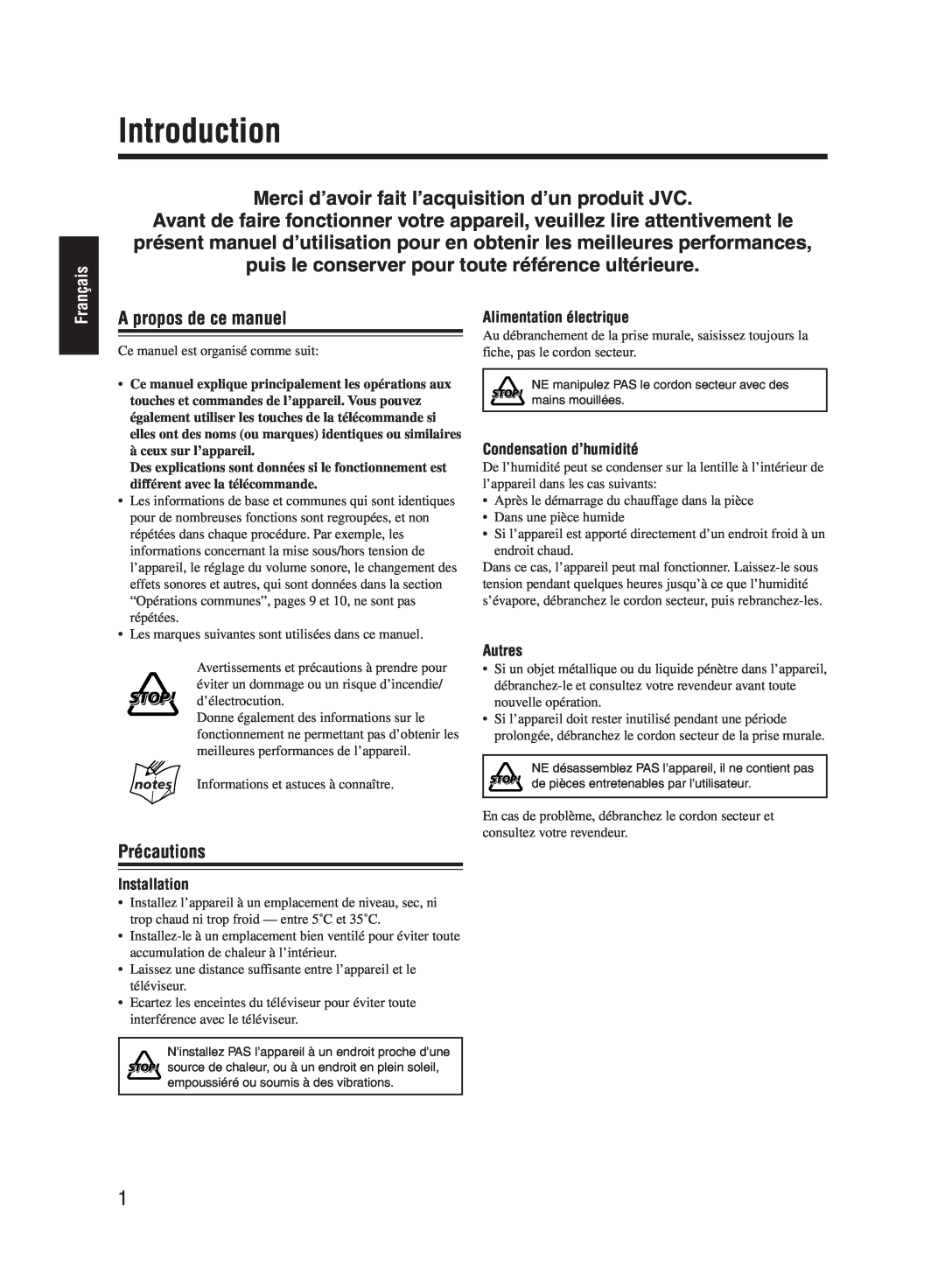JVC UX-M55 Introduction, A propos de ce manuel, Précautions, Français, Alimentation électrique, Condensation d’humidité 