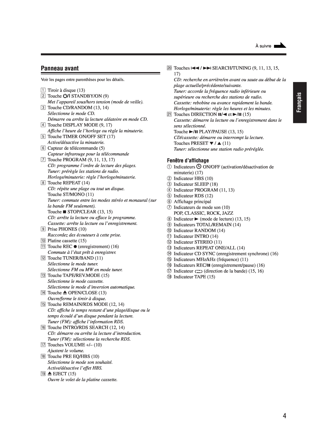 JVC UX-M55 manual Panneau avant, Français, Fenêtre d’affichage 