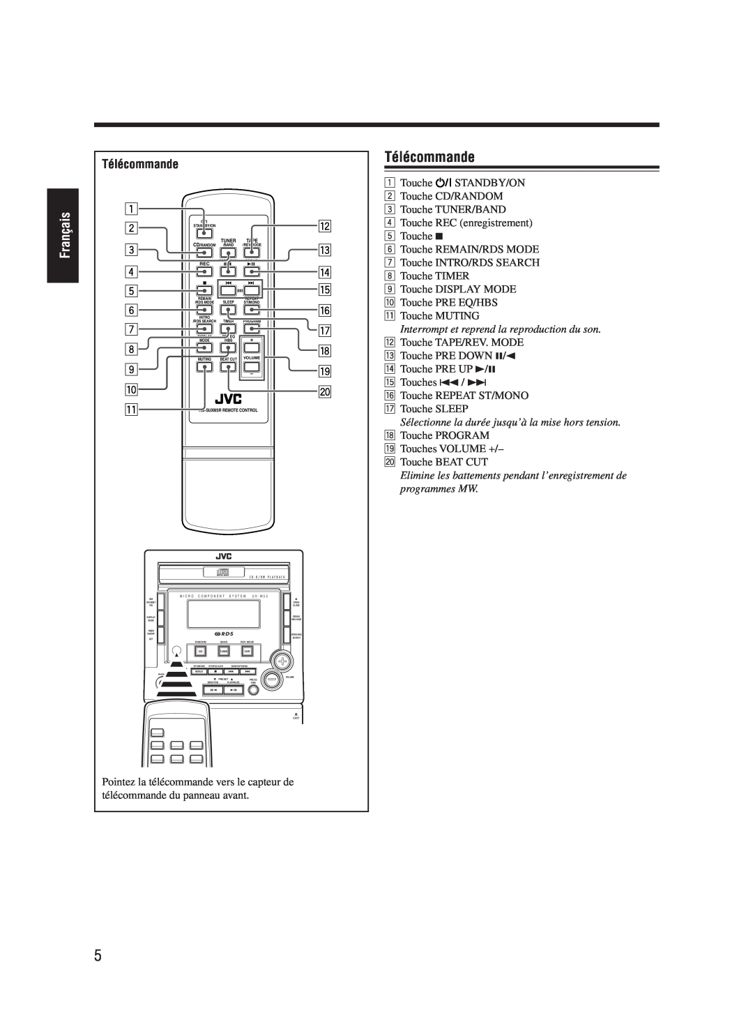 JVC UX-M55 manual Télécommande, Français 
